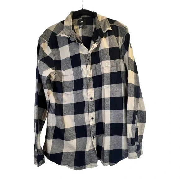 H&M Men's Shirt M Plaid Black Tan Long Sleeves - Picture 5 of 13